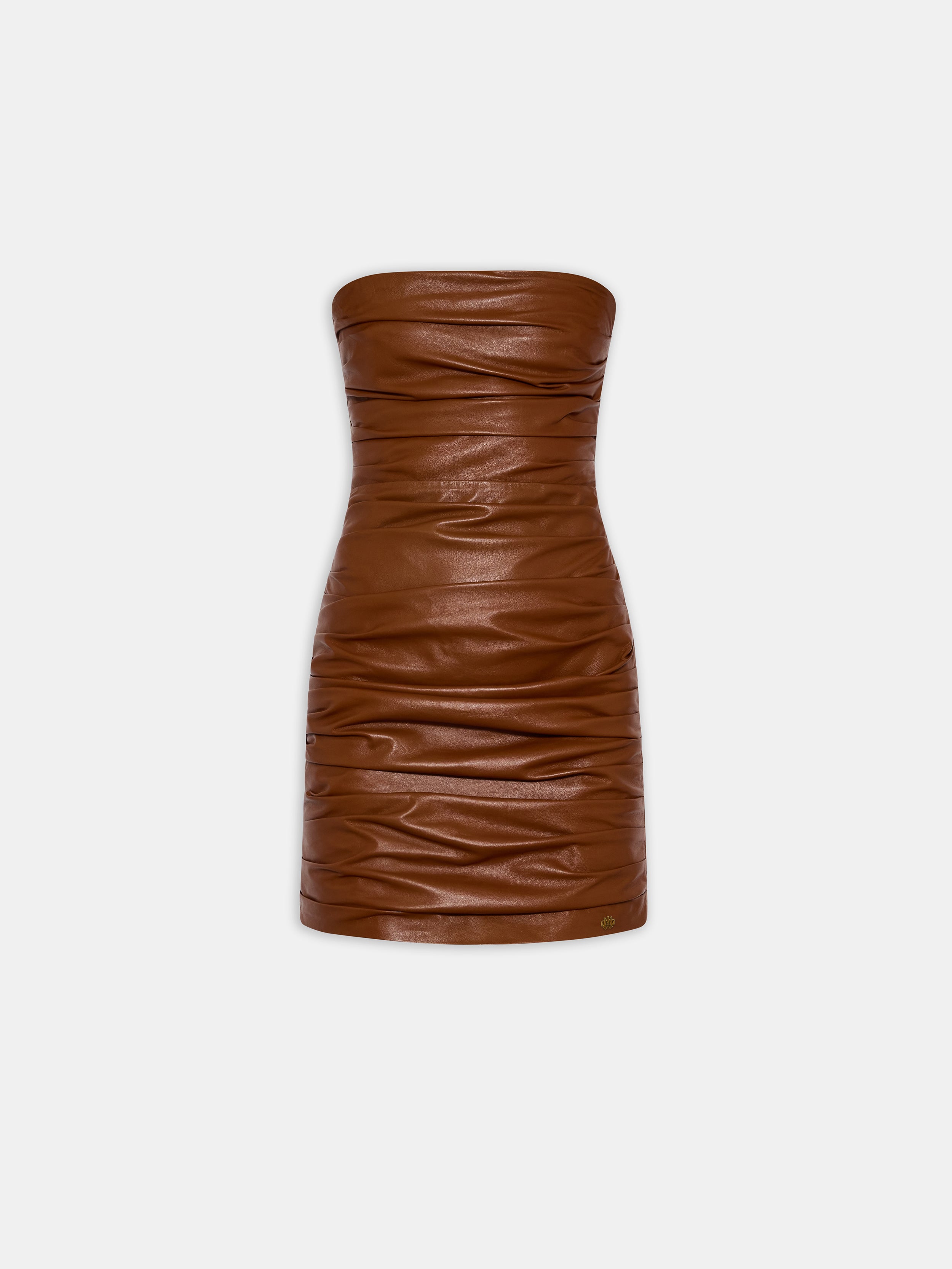 WOMEN - WOMEN'S ROUCHED LEATHER MINI DRESS - Bourbon WOMEN - WOMEN'S ROUCHED LEATHER MINI DRESS - Bourbon