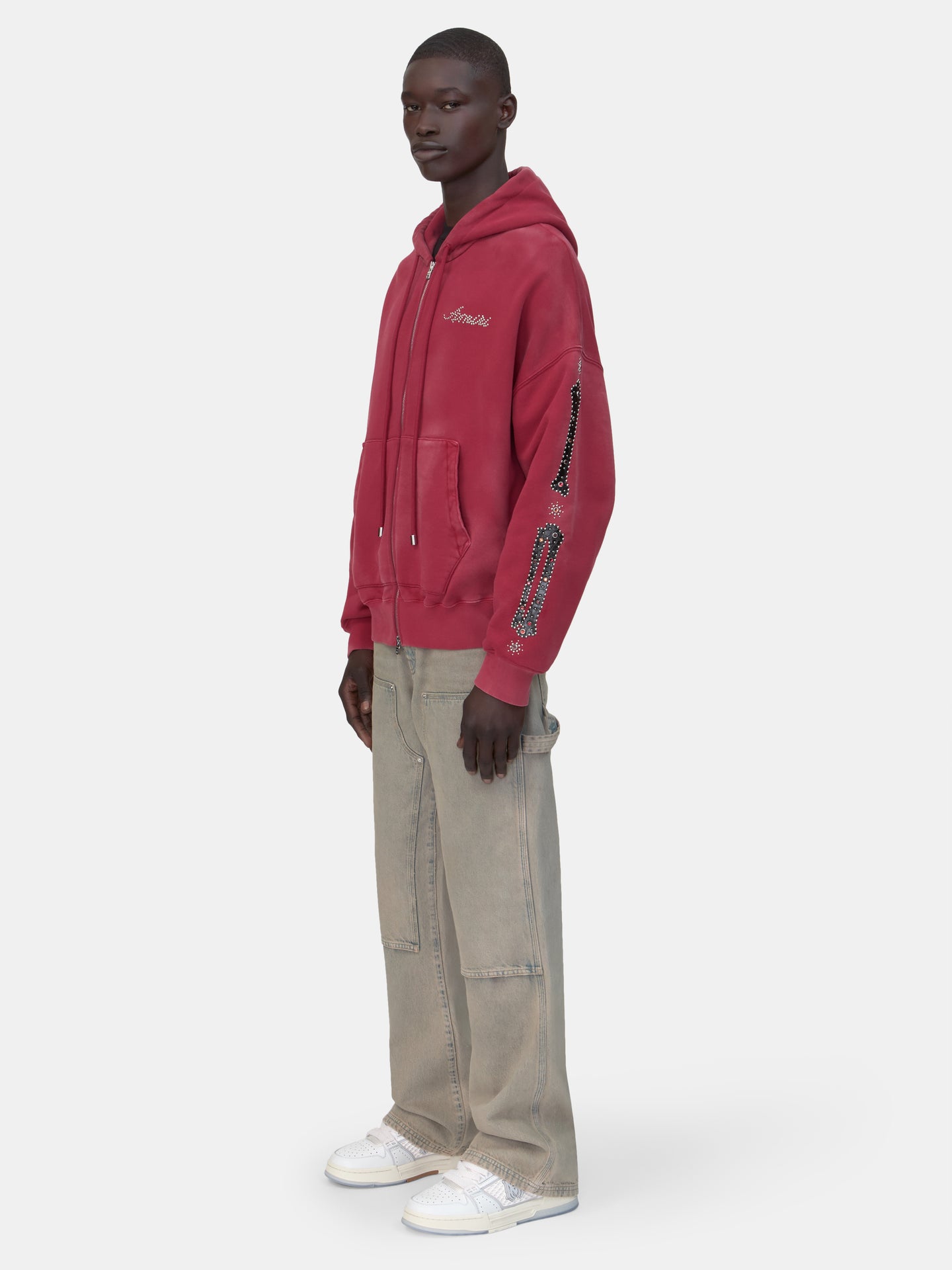 BONES STUDDED OVERSIZED ZIP HOODIE - Red Rose - AMIRI