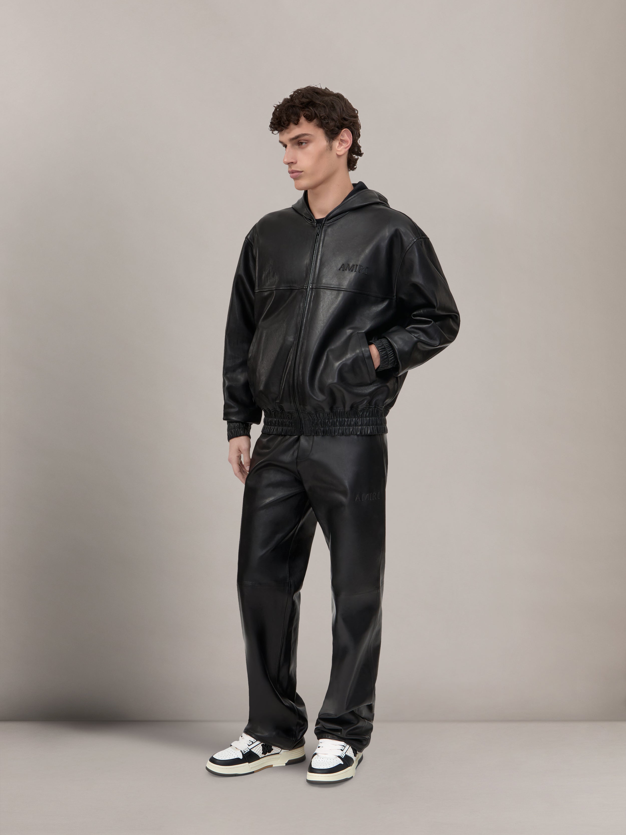 LEATHER OVERSIZED ZIP HOODIE - Black | AMIRI