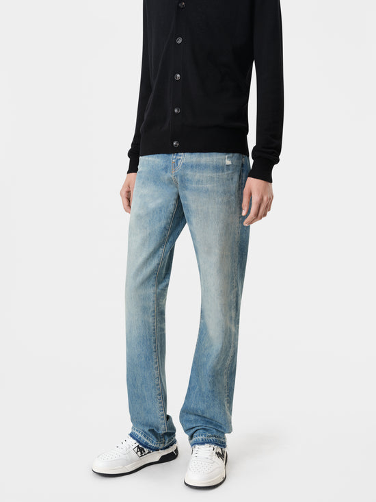 AMIRI Released Hem Straight Jean in Crafted Indigo with MA Cardigan in Black with Classic Low Sneakers in Black White and Classic MA Sunglasses in Black