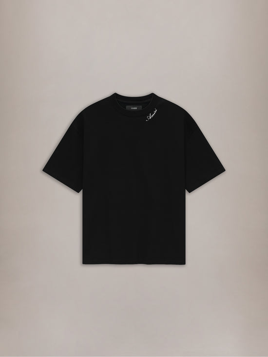 Black short-sleeve t-shirt with white script logo on shoulder.