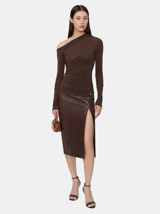 WOMEN - WOMEN'S CROC EMBOSSED MIDI SKIRT - BROWN - AMIRI