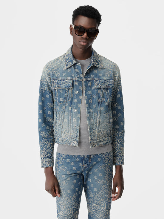 AMIRI Bandana Jacquard MA Trucker Jacket with Amiri Bandana Jacquard Straight Jean in Dark Indigo with MA Tee in Grey Skel Top Low Sneakers in Grey and MA Classic Sunglasses in Tortoise Shell