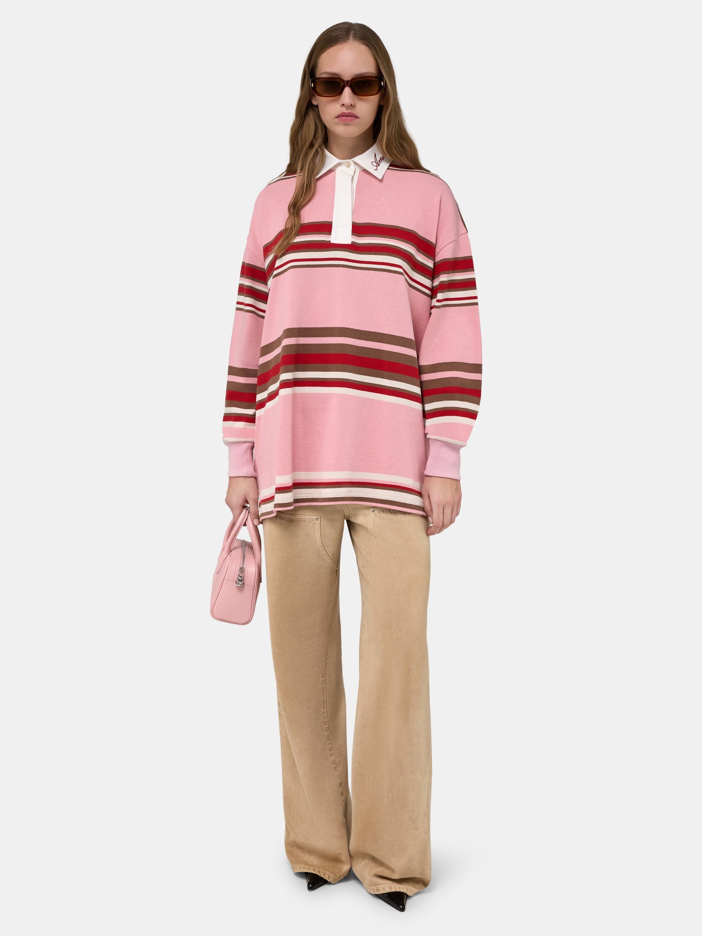 WOMEN - WOMEN'S STRIPED OVERSIZED LONG SLEEVE POLO - Pink - AMIRI