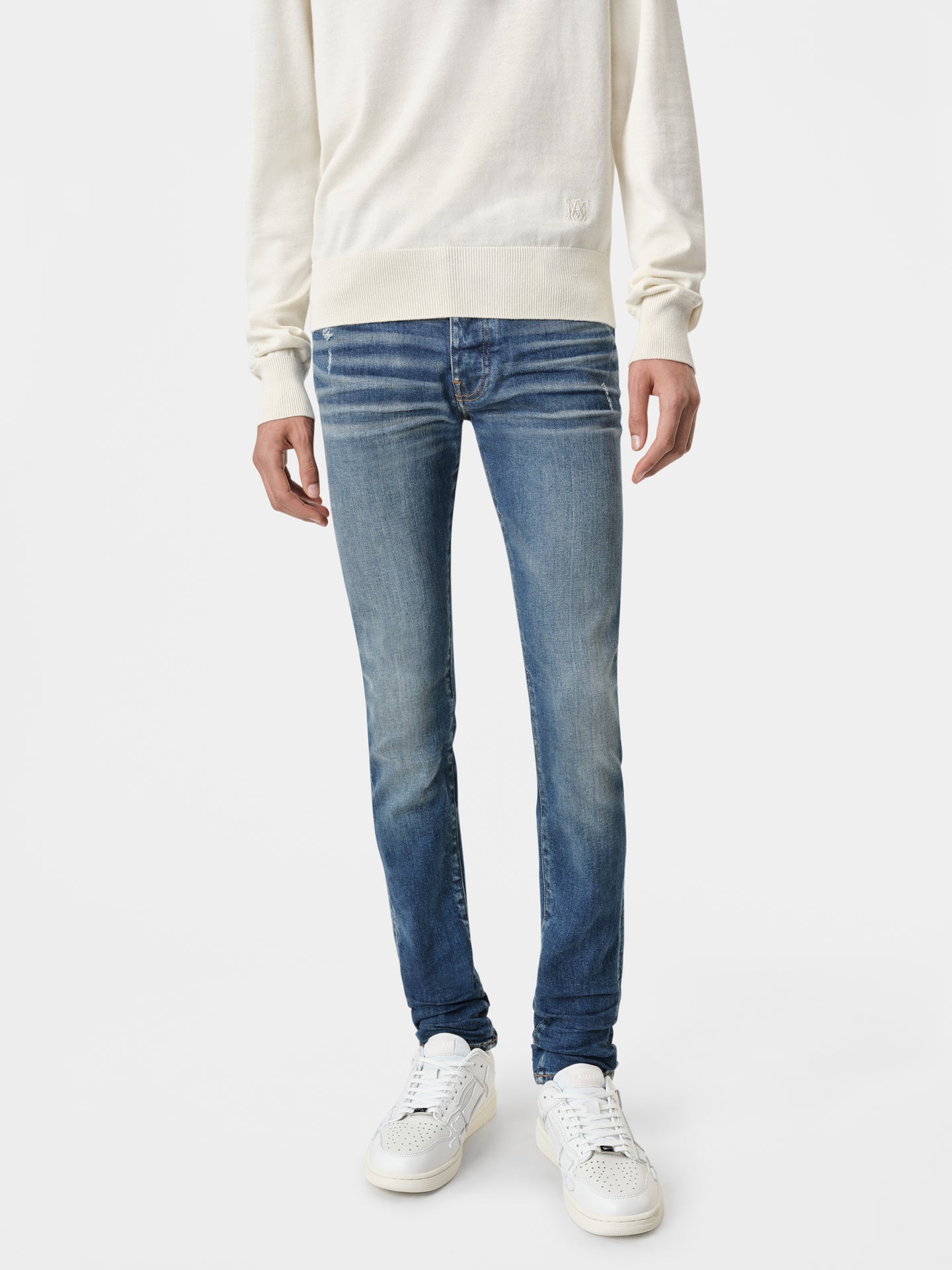 AMIRI Stack Jean in Deep Classic with MA Long Sleeve in White and Vintage White Skel Top Low Sneakers