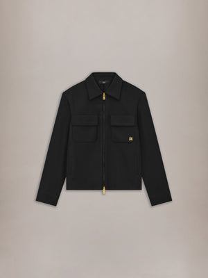 Black blouson jacket with collared neckline, front zip closure, and dual chest pockets with gold hardware.