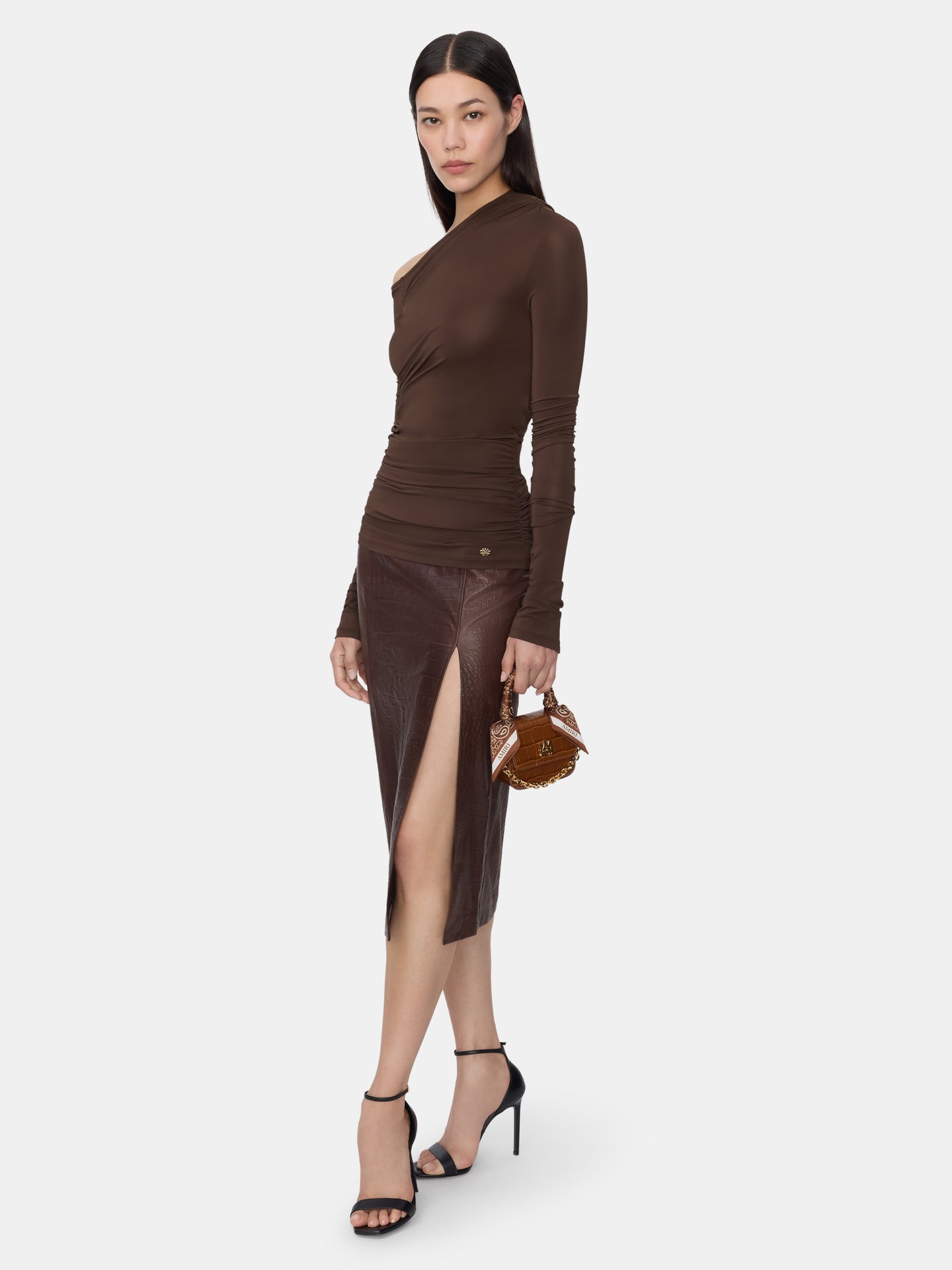 WOMEN - WOMEN'S CROC EMBOSSED MIDI SKIRT - BROWN - AMIRI