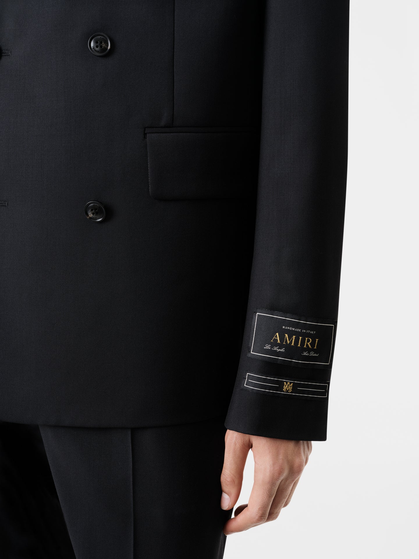 AMIRI Double Breasted Blazer in Black with Kick Flare Black Pant and MA Loafer in Black