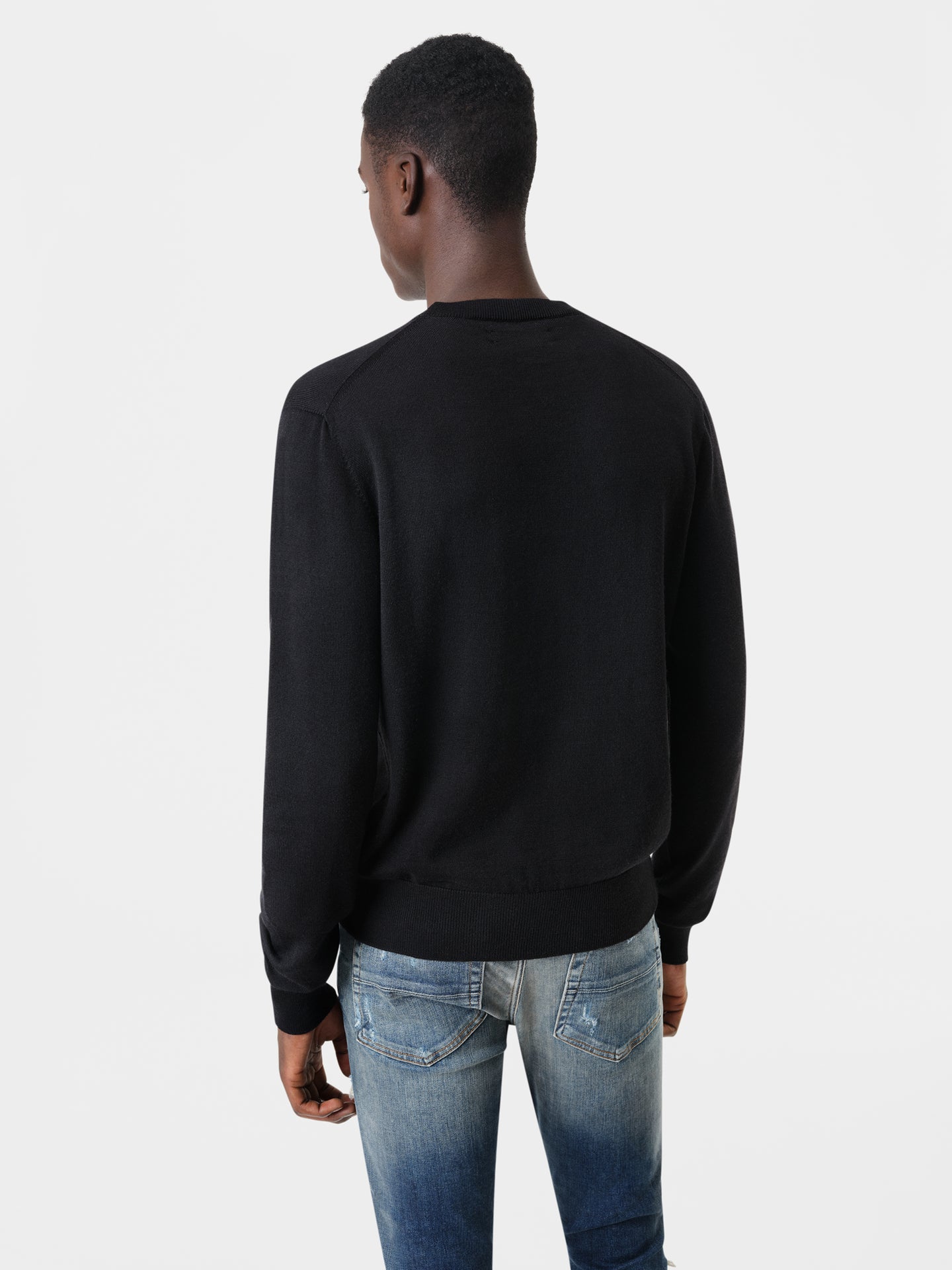 AMIRI Long Sleeve Crew in Black with MX1 Jeans in Deep Classic Indigo and Black White Skel Top Low Sneakers