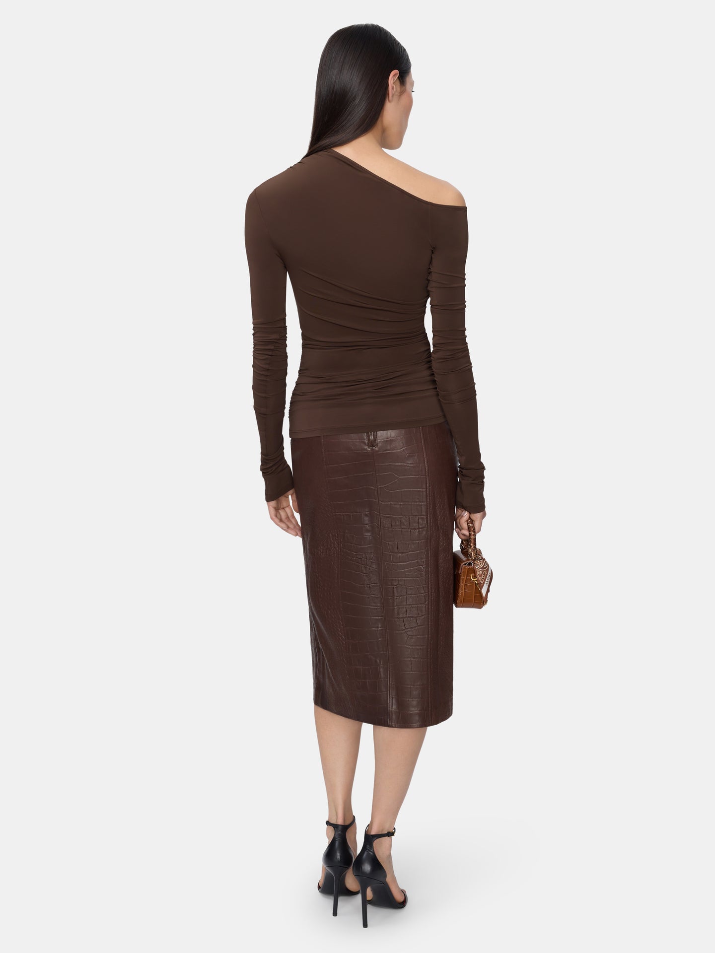 WOMEN - WOMEN'S CROC EMBOSSED MIDI SKIRT - BROWN - AMIRI