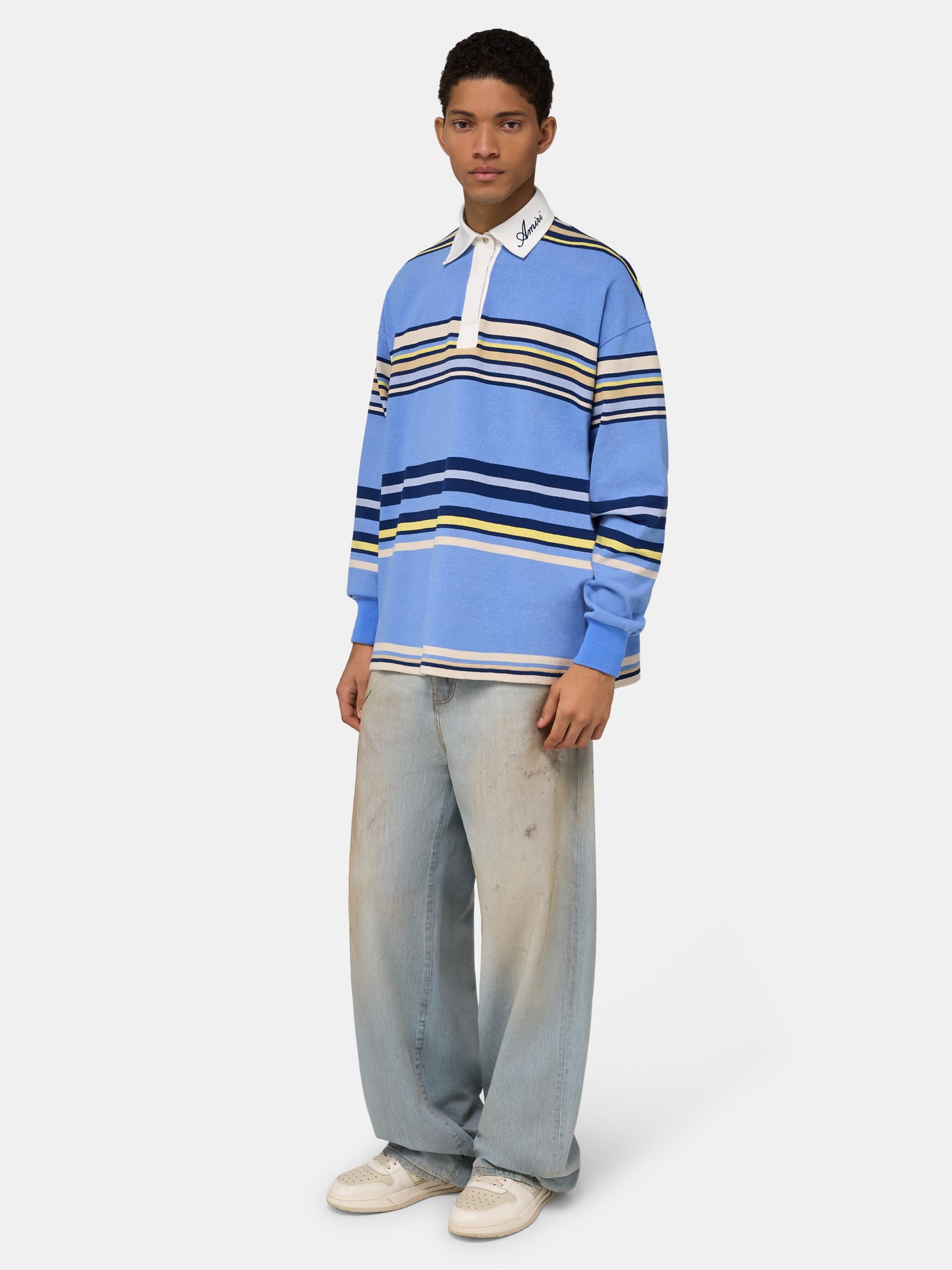 STRIPED OVERSIZED LONG SLEEVE POLO - Blue - AMIRI