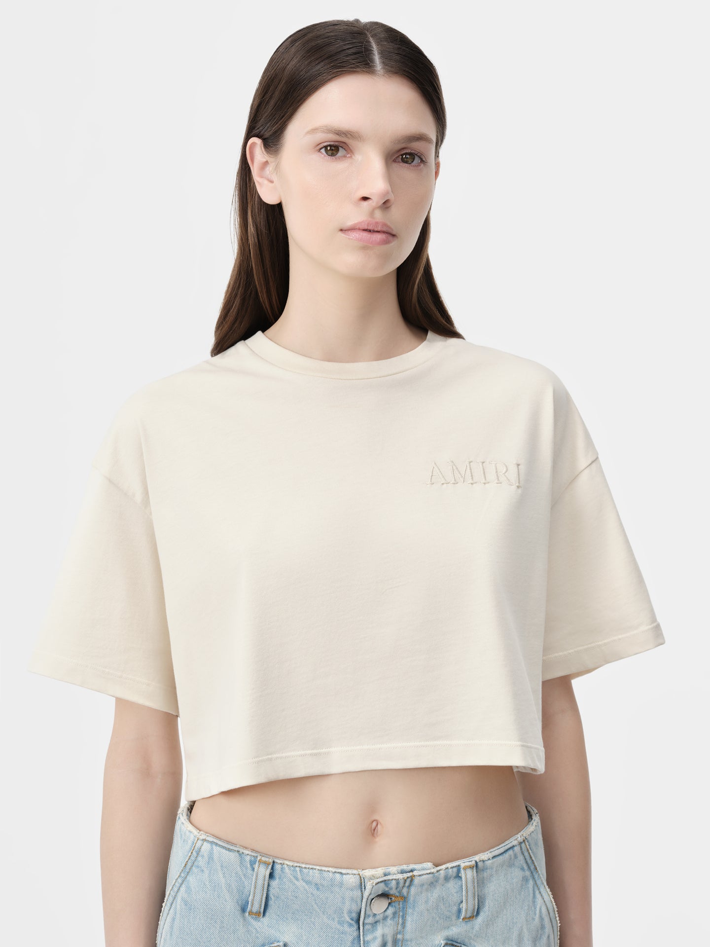 WOMEN - AMIRI EMBROIDERED CROPPED TEE - Alabaster
