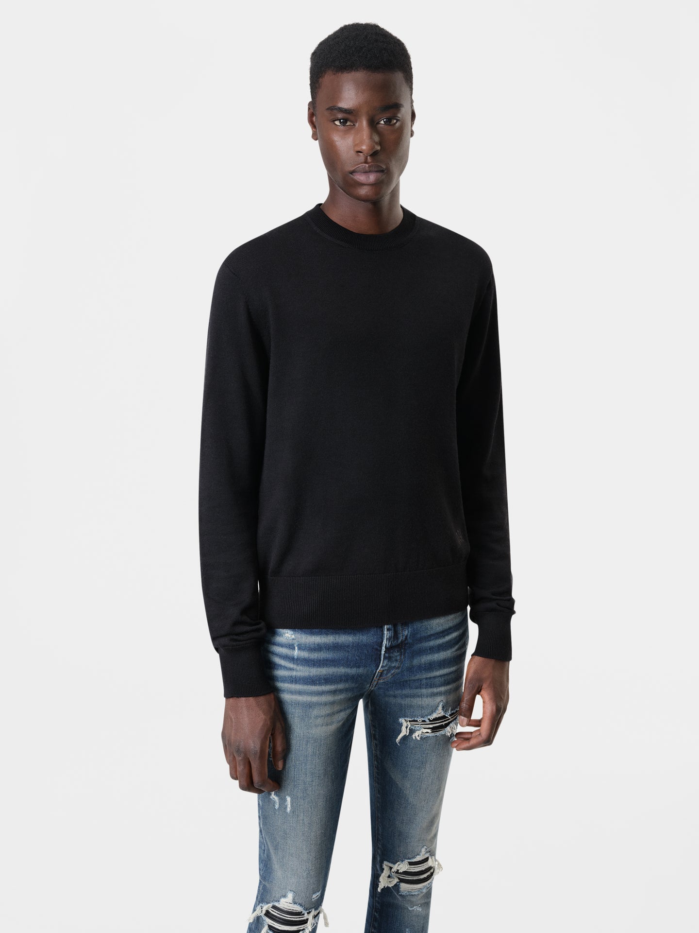 AMIRI Long Sleeve Crew in Black with MX1 Jeans in Deep Classic Indigo and Black White Skel Top Low Sneakers