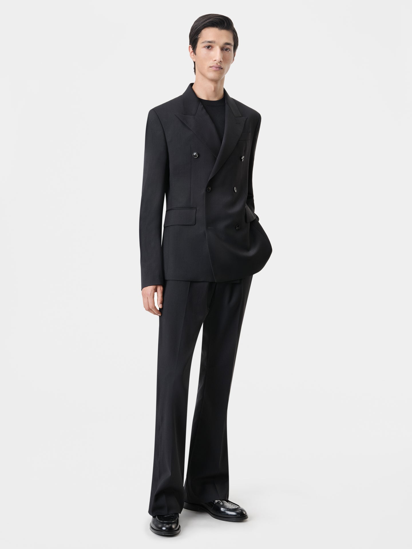 AMIRI Double Breasted Blazer in Black with Kick Flare Black Pant and MA Loafer in Black