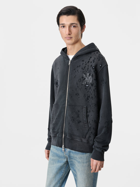 AMIRI MA Shotgun Zip Up Hoodie in Faded Black with Released Hem Straight Jean in Antique Indigo and White Black Classic Low Sneakers