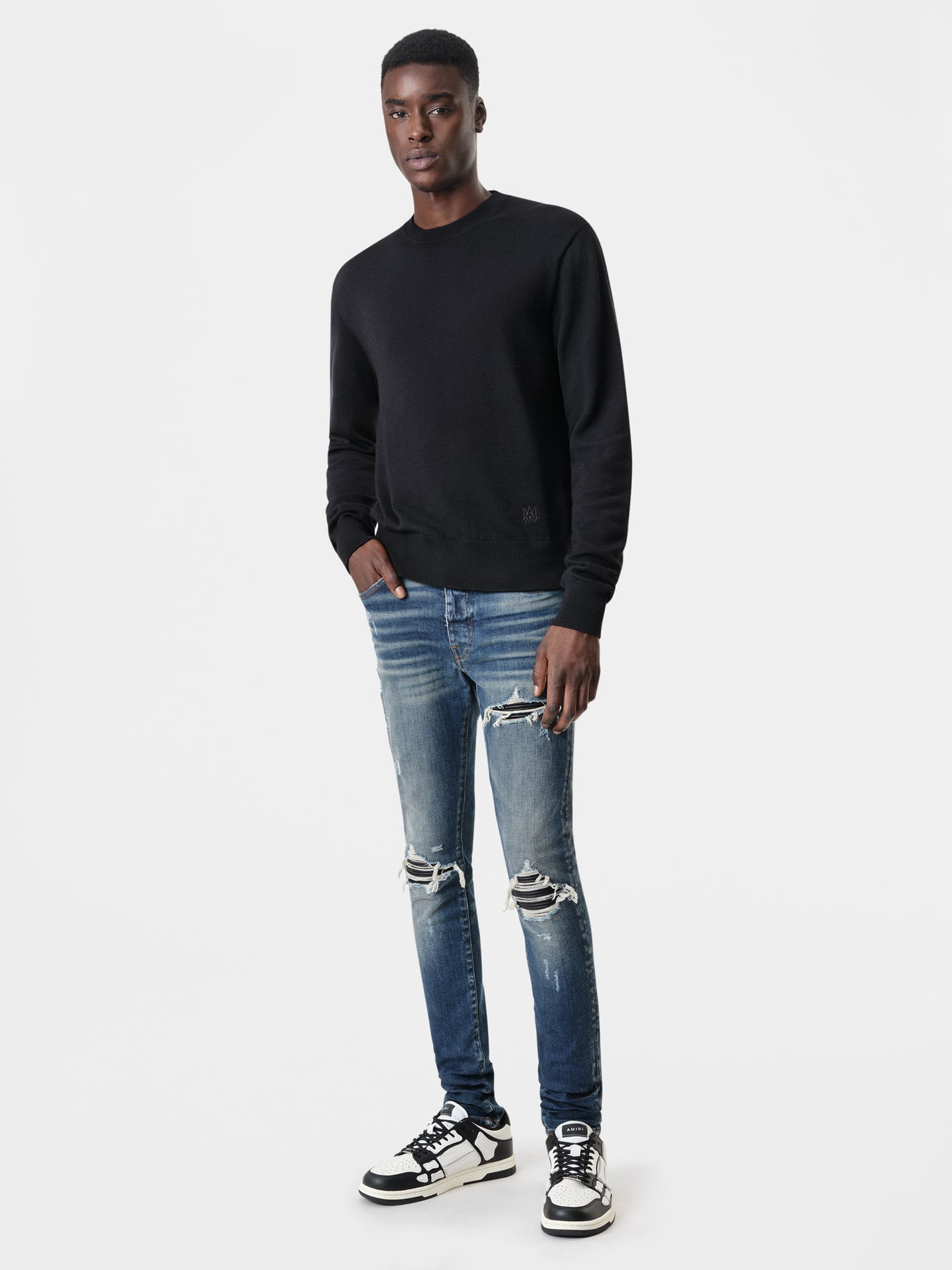 AMIRI Long Sleeve Crew in Black with MX1 Jeans in Deep Classic Indigo and Black White Skel Top Low Sneakers