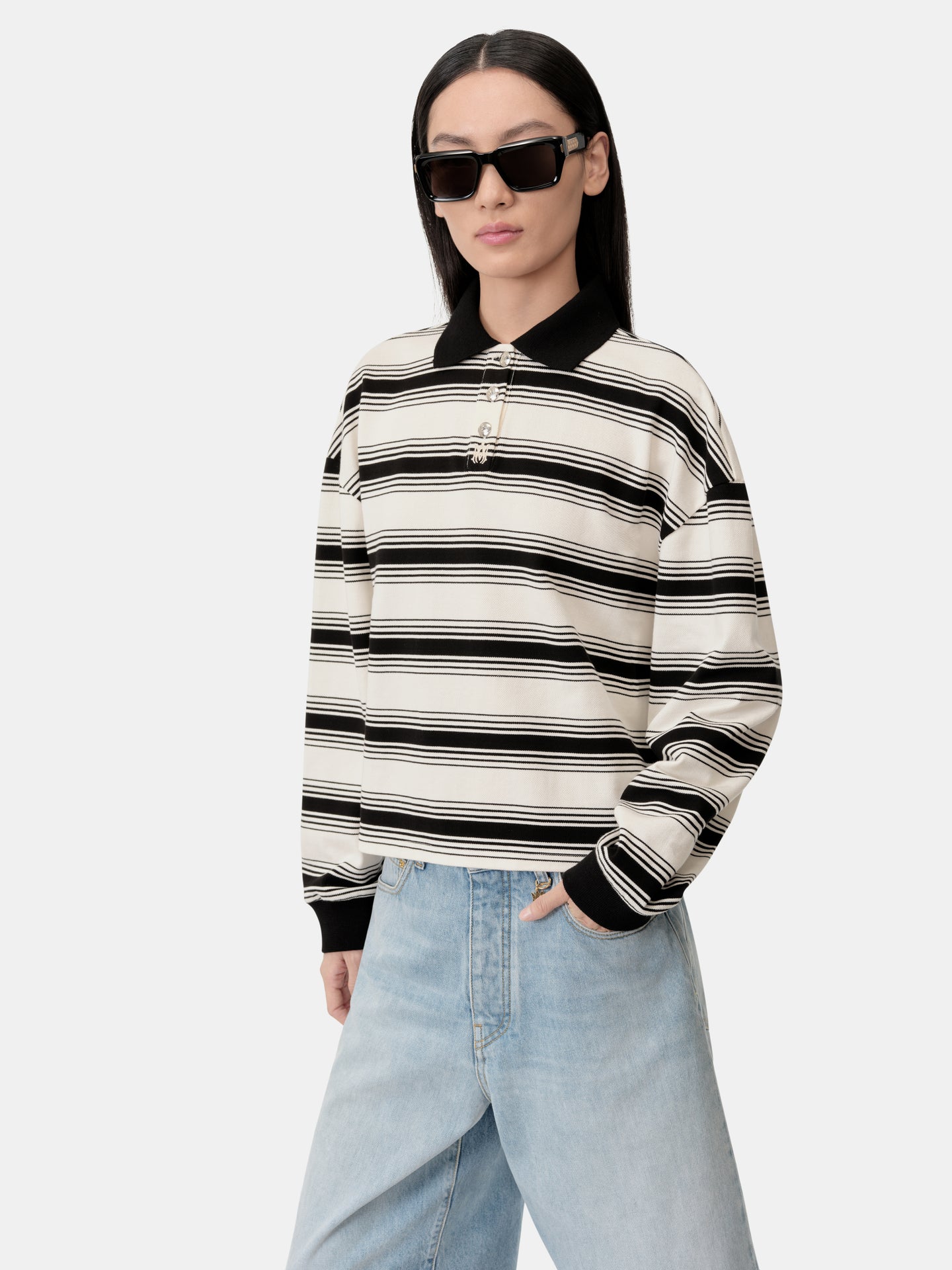 WOMEN - WOMEN'S MA STRIPE OVERSIZED POLO - Ivory Black - AMIRI