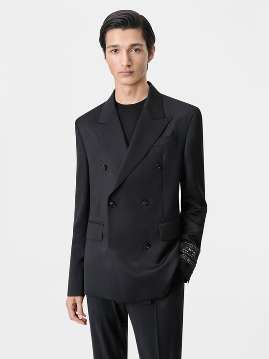 AMIRI Double Breasted Blazer in Black with Kick Flare Black Pant and MA Loafer in Black