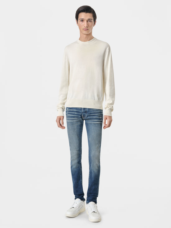 AMIRI Stack Jean in Deep Classic with MA Long Sleeve in White and Vintage White Skel Top Low Sneakers