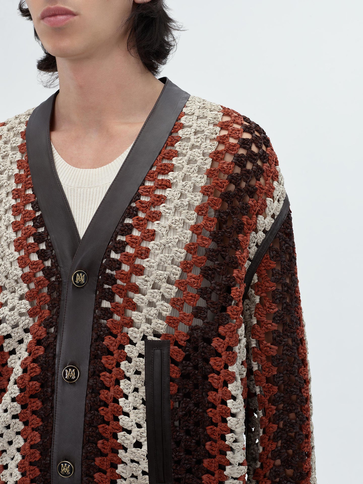 CROCHET KNIT LEATHER CARDIGAN - Shaved Chocolate