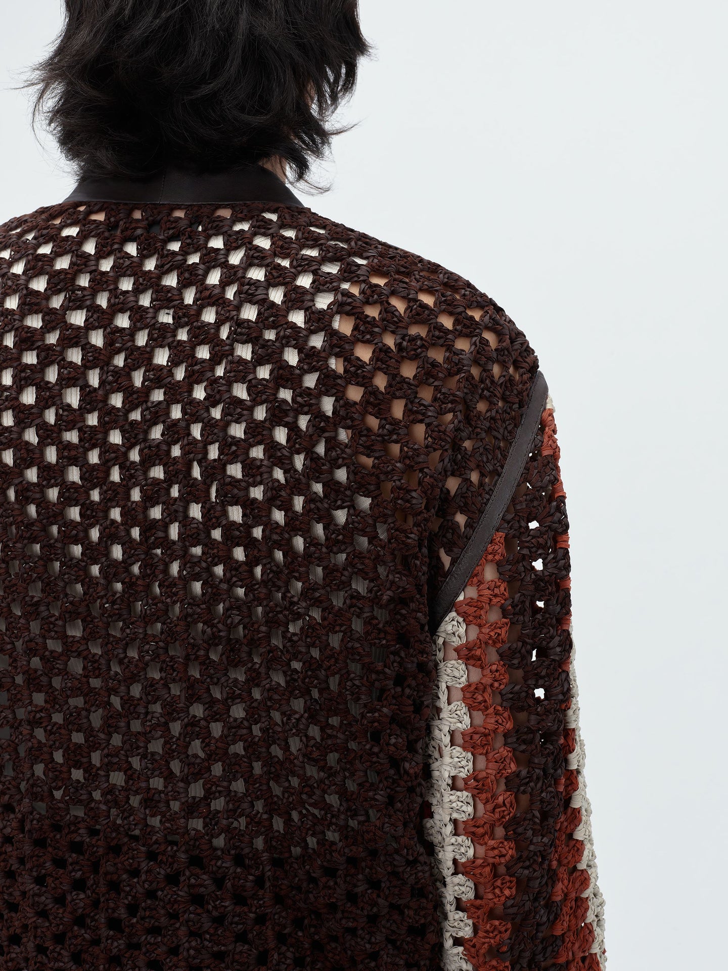 CROCHET KNIT LEATHER CARDIGAN - Shaved Chocolate