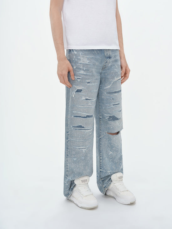 CRYSTAL EMBELLISHED REPAIRED BAGGY JEAN - Perfect Indigo