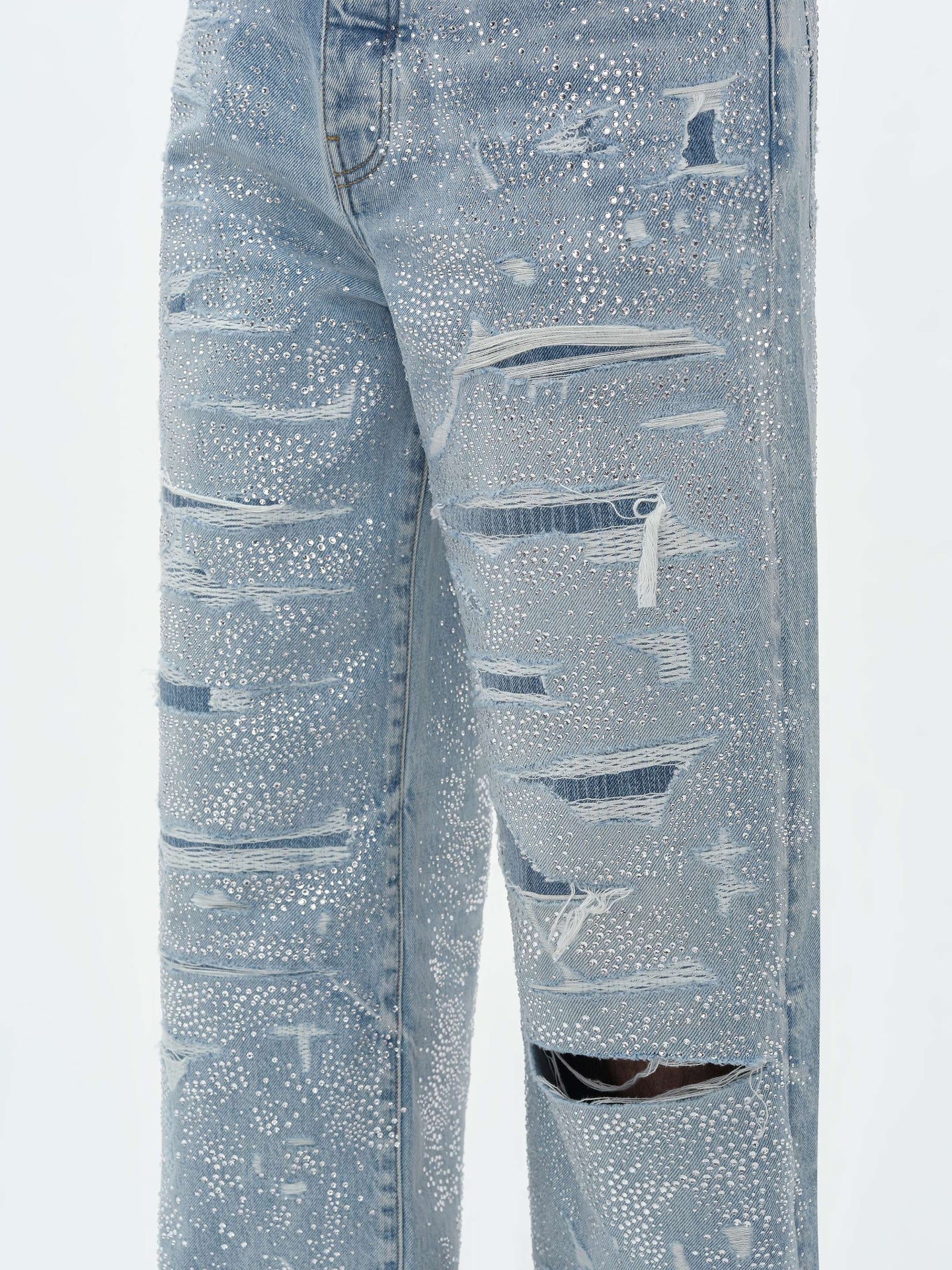 CRYSTAL EMBELLISHED REPAIRED BAGGY JEAN - Perfect Indigo